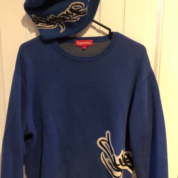 Authentic Supreme Matching Set Men’s Tag Logo Royal Blue Hat And Sweater Size L - Picture 2 of 14